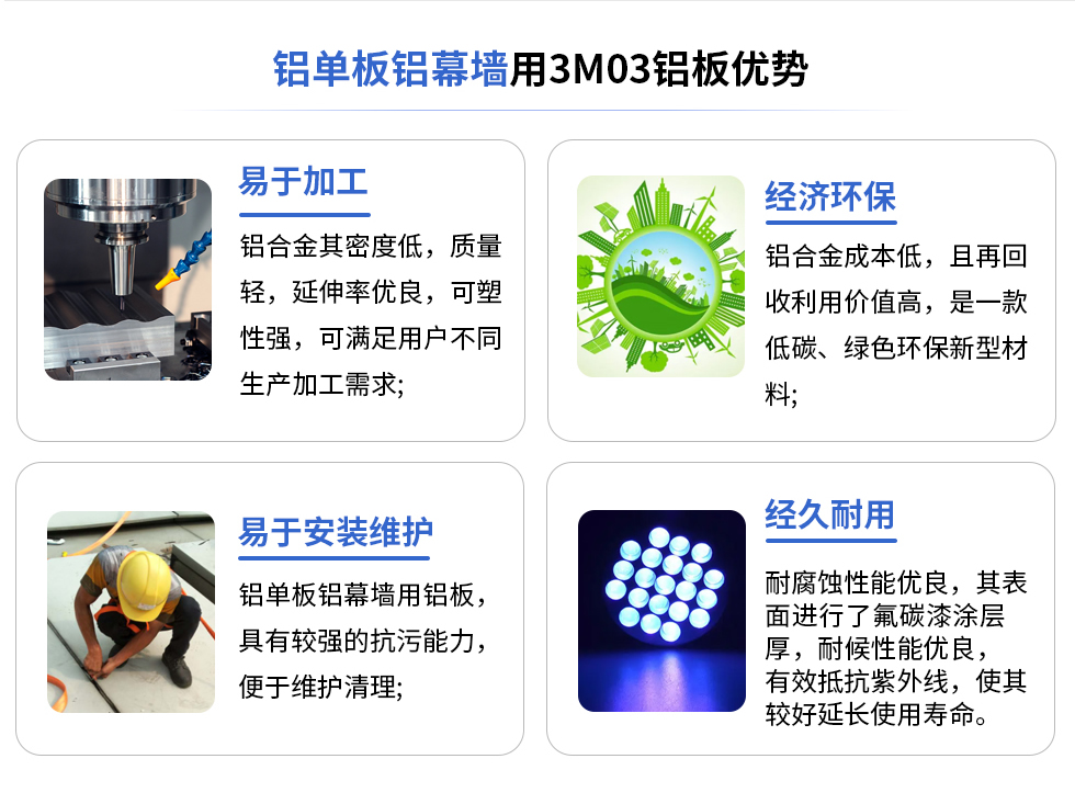 鋁單板鋁幕墻用3M03鋁板優勢
易于加工
鋁合金其密度低，質量輕，延伸率優良，可塑性強，可滿足用戶不同生產加工需求;
易于安裝維護
鋁單板鋁幕墻用鋁板具有較強的抗污能力，便于維護清理;
經濟環保
鋁合金成本低，且再回收利用價值高，是一款低碳、綠色環保新型材料，
經久耐用
耐腐蝕性能優良，其表面進行了氟碳漆涂層厚，耐候性能優良，有效抵抗紫外線，使其較好延長使用壽命。